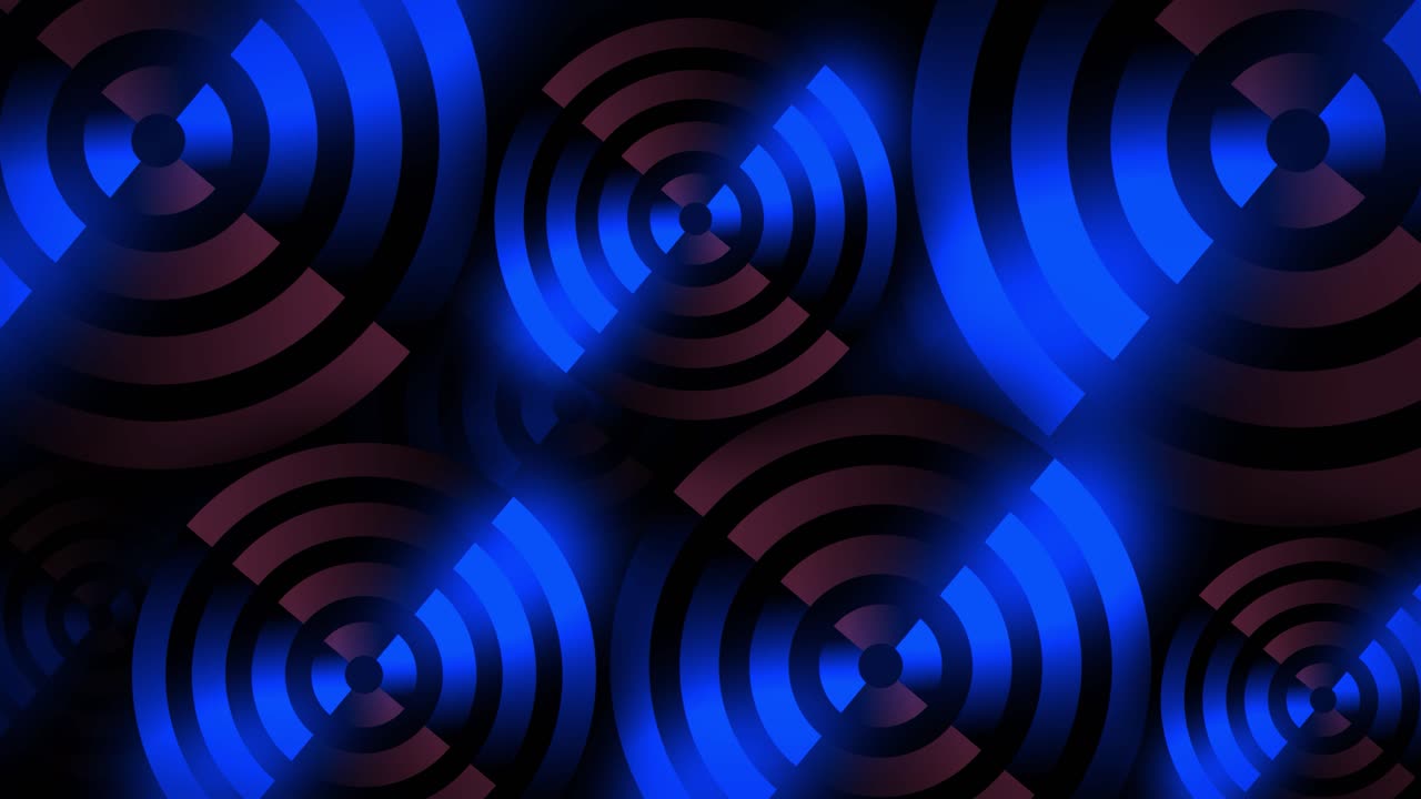 Rotating neon circles form vibrant line work as a target of glowing shapes in dynamic 3D animation illusion pattern on a dark gradient background motion graphics and visual effects colour blue purple