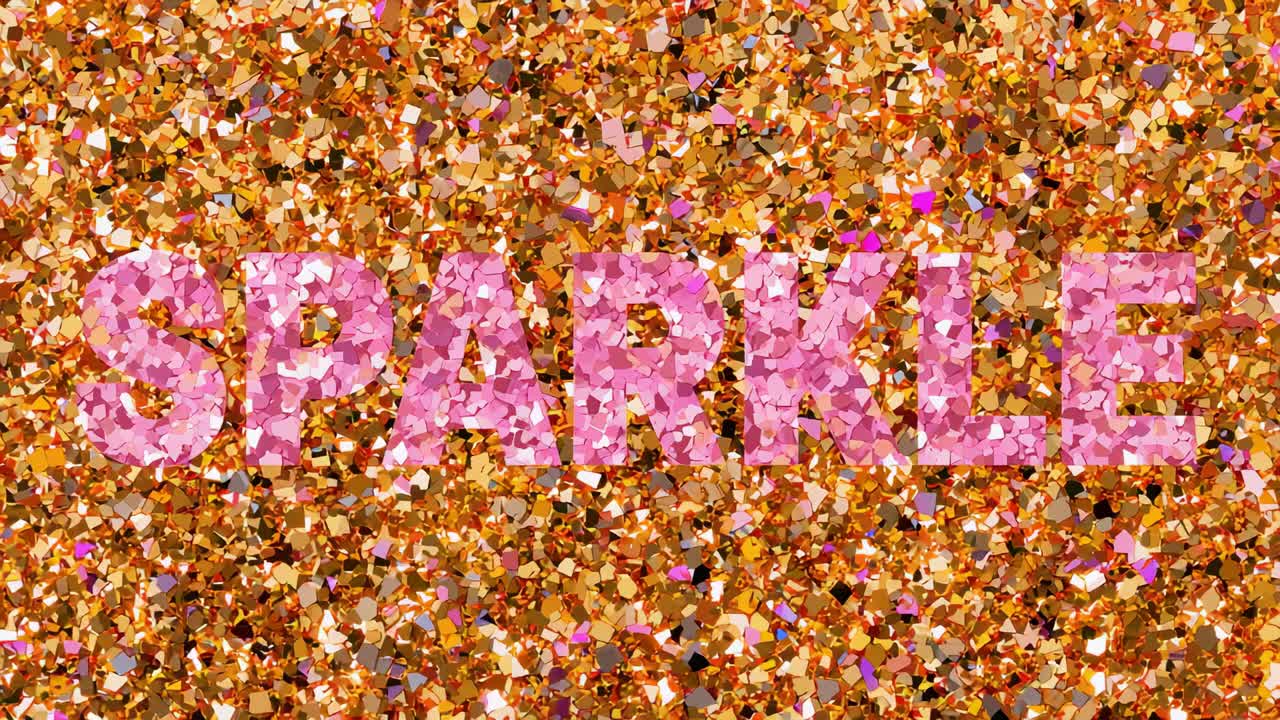 Zooming studio shot starting pink SPARKLE letters shining over gold glitter revealing gold backdrop