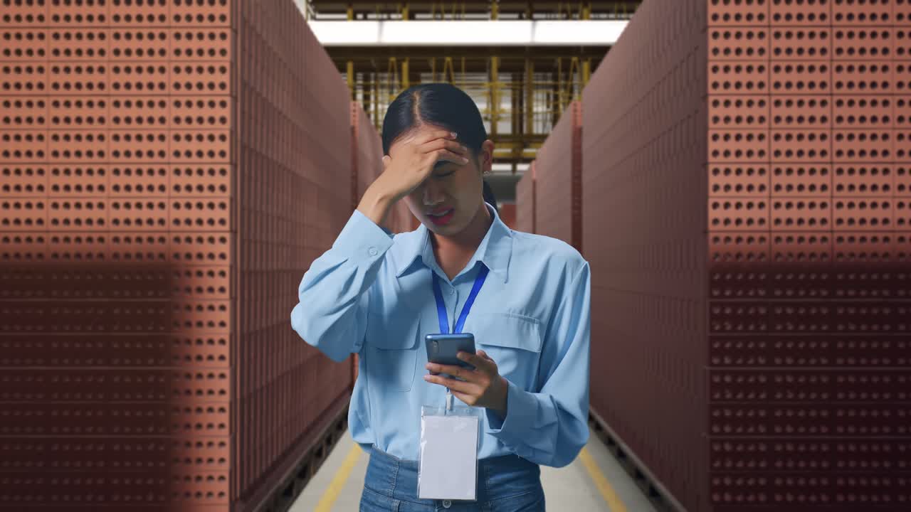 Asian Female With Her Smarphone With Red Brick Packed in Stacks Are Stored, She Is Nodding Her Shead With Dissapionted