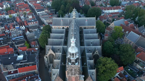 top view of the gothic structure of sint janskerk in the cityscape of gouda, netherlands