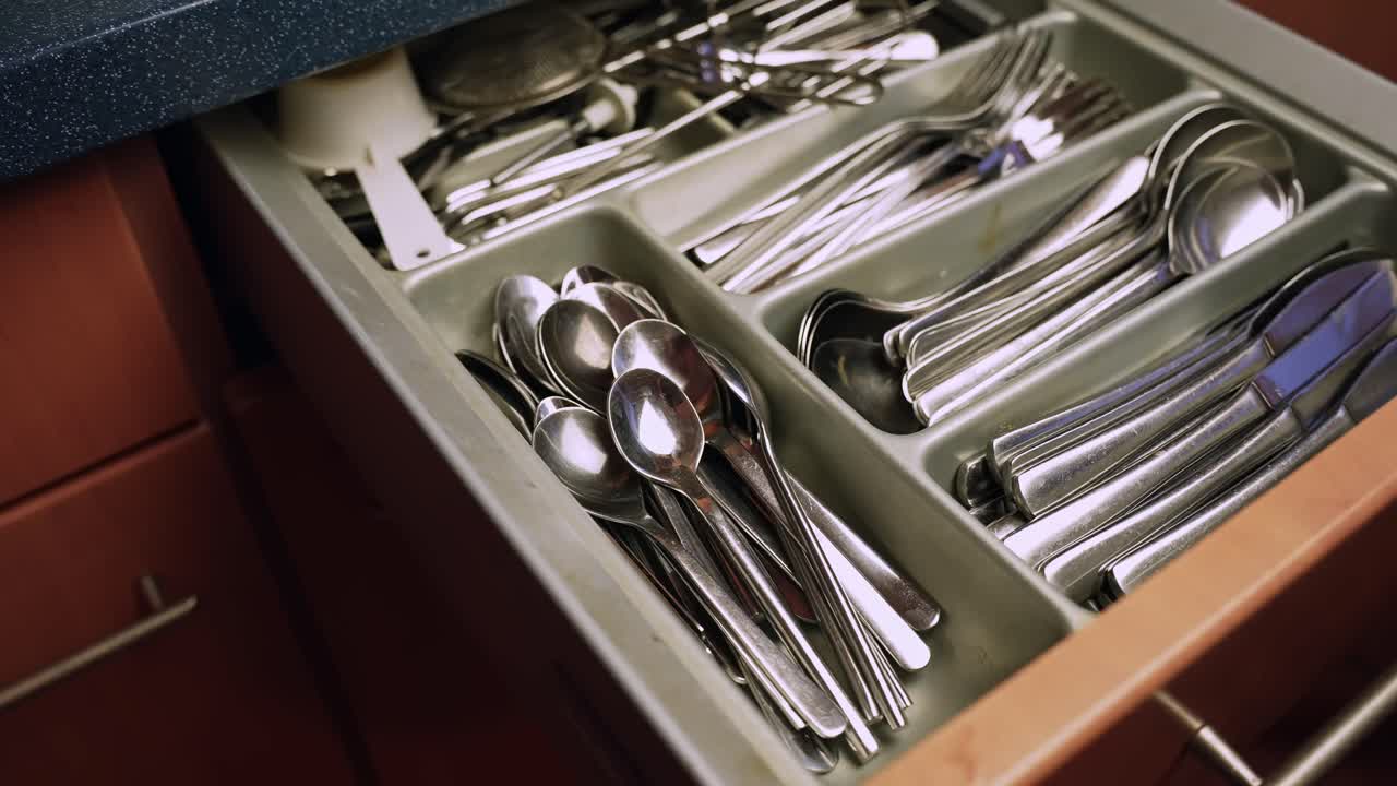 Angled close-up of an open drawer with stainless spoons, forks and knives arranged in a plastic organizer—home dining tableware neatly sorted for everyday use