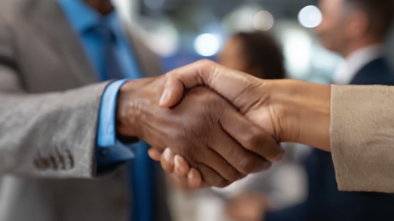 Professional Handshake Signifying Partnership and Collaboration in a Business Environment with People Engaged in Background Conversations and Networking Activities