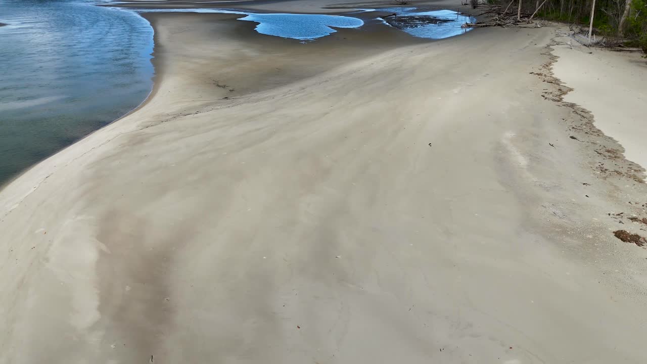 Drone glides above sandy shoreline, tidal pools, and mangroves under bright daylight, smooth camera movement