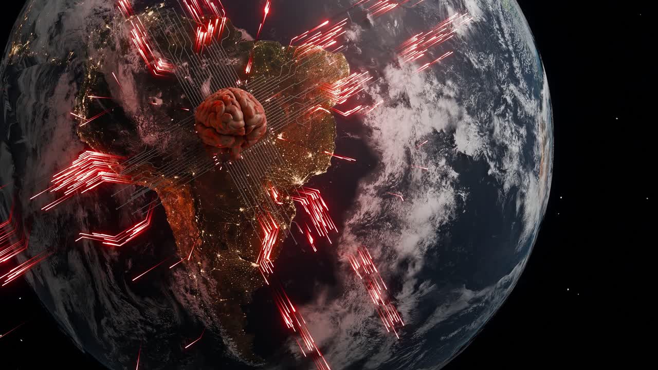 Planet Earth showing South America from space with human brain and red digital network lines. Artificial intelligence and technological evolution concept for poster and wallpaper