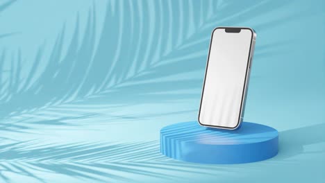 empty iphone on display stand, blue template mockup phone, graphic babyblue background, animated blank, mock-up for tracking, product still cellphone packshot, oceanblue, advertising ads concept