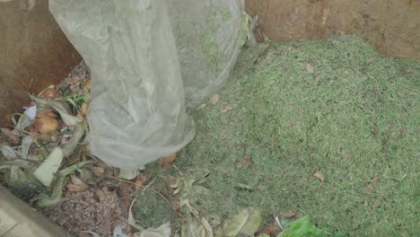 women prepare a home wooden compost heap box. they add grass and scatter it around the box.