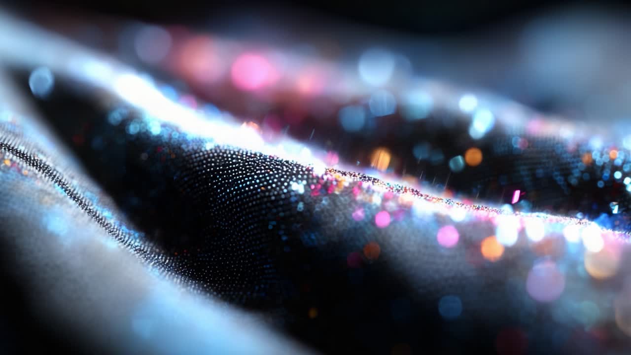 A Stunning Display of Textured Fabric with Vibrant Light Reflections, Showcasing a Mesmerizing Dance of Colors and Sparkling Particles that Create an Enigmatic and Luminous Atmosphere Over the Surface