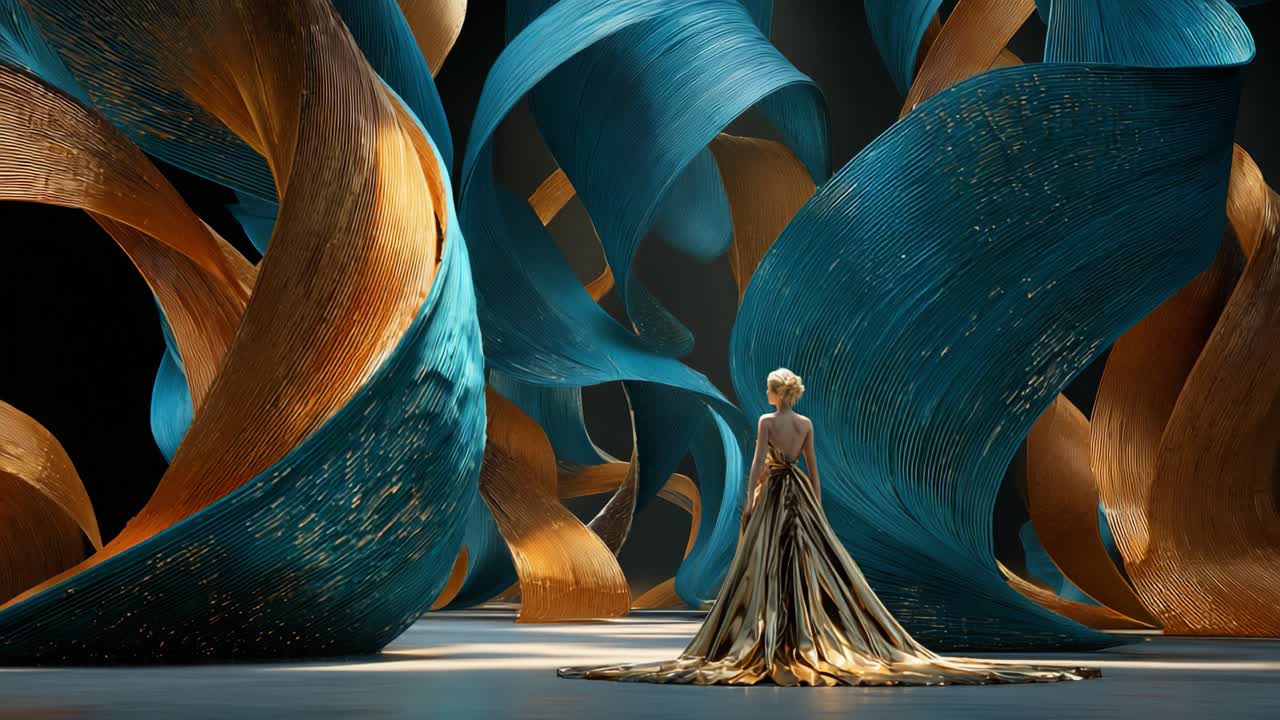 Elegant Woman in a Gold Dress with Abstract Background