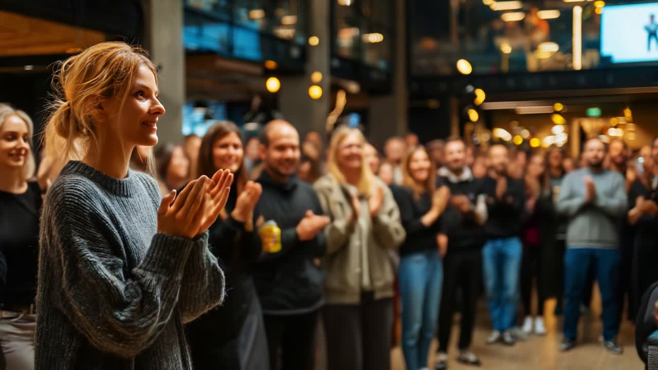 A captivated audience applauds enthusiastically as they surround a woman who is emotionally engaged during a presentation or performance, celebrating the impactful moment shared in the venue
