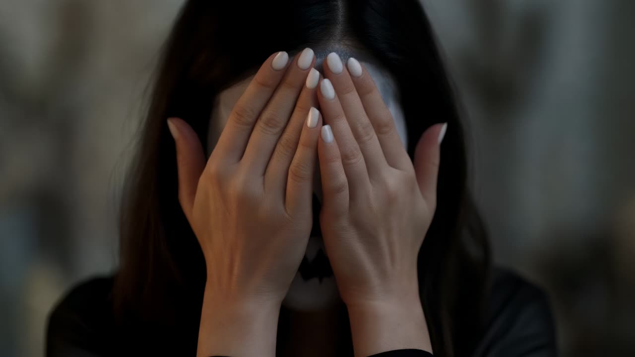 Mulher levantando as mãos e mostrando uma pintura facial de caveira para a câmera em casa, exibindo unhas brancas, blusa escura