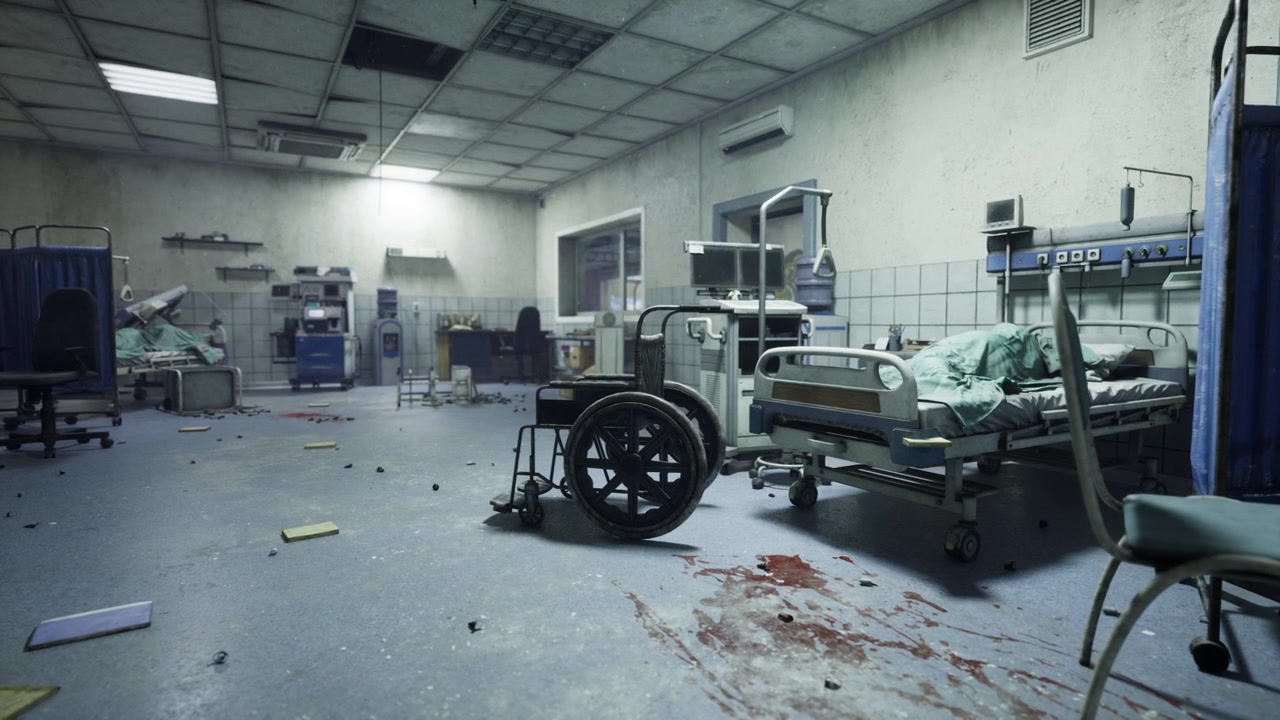 Zona médica silenciosa y abandonada, marcada por el caos y el abandono prolongado