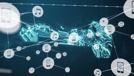 Animation of network of connections with icons over online security key