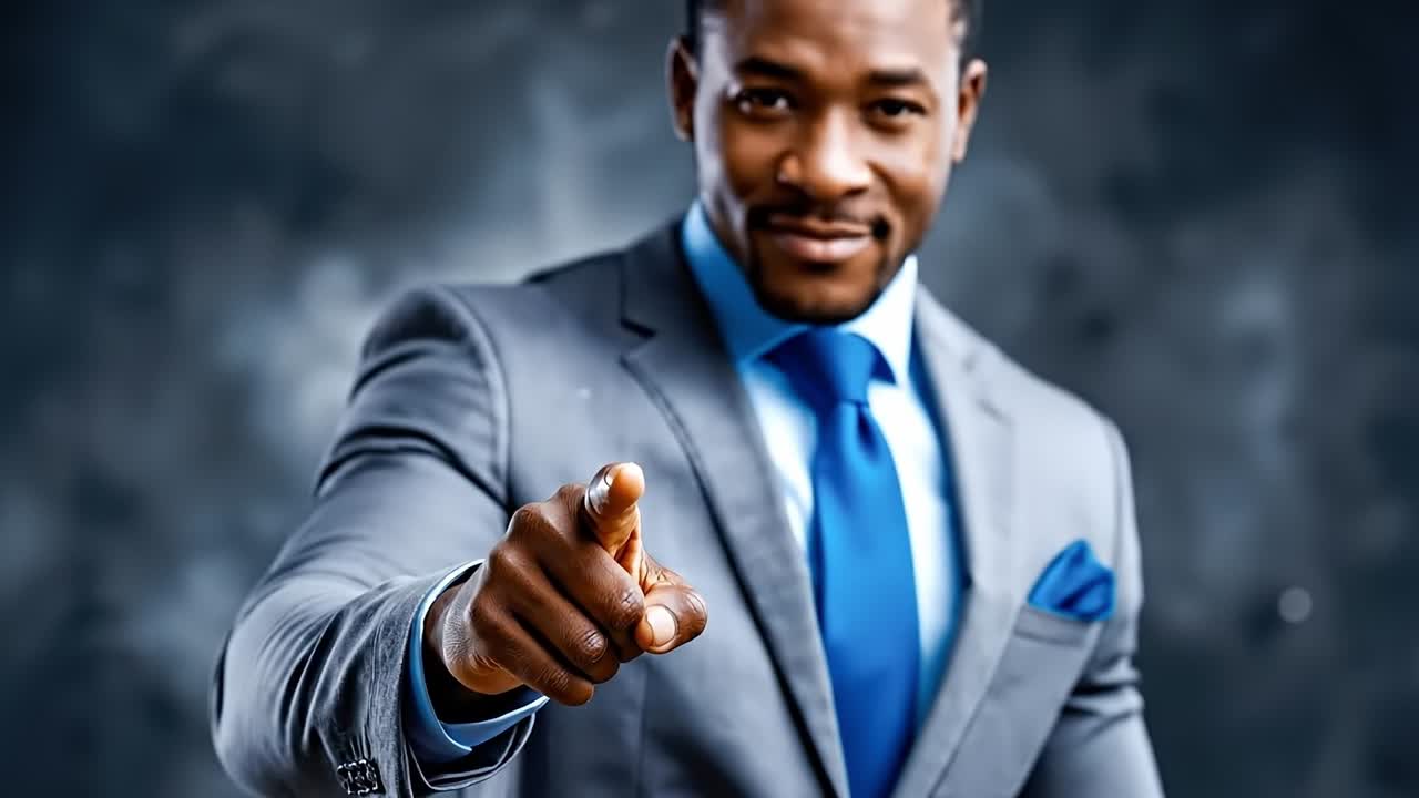 A man in a gray suit pointing at the camera