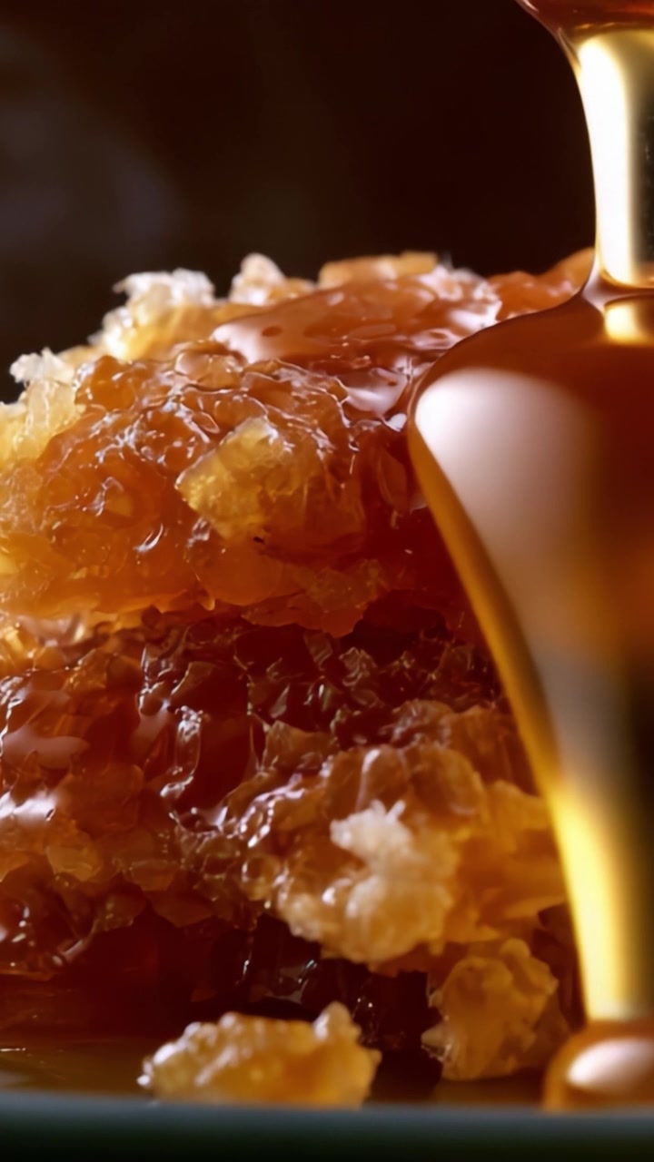 Accattivante Primo Piano di Favo Dorato che Gocciola di Ricco Nettare, Evidenziando la Sua Consistenza Scintillante e la Deliziosa Dolcezza in una Presentazione Raffinata