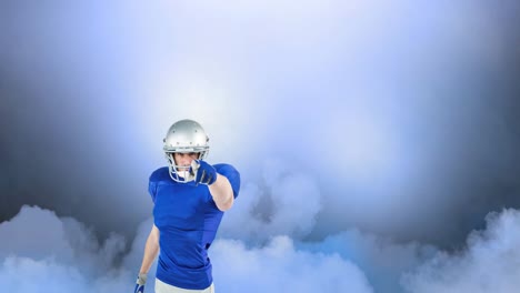 Animation-of-american-football-player-pointing-at-camera-over-clouds