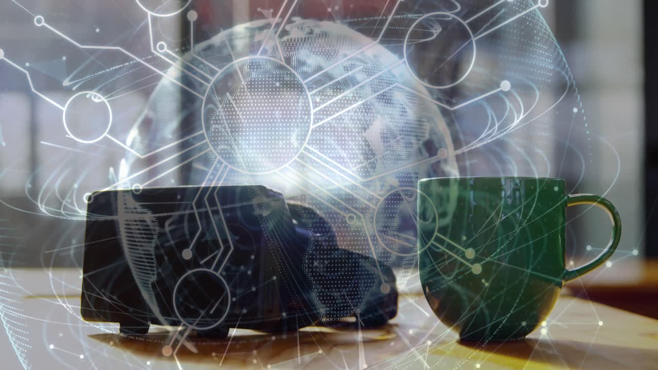 전 세계 연결 네트워크의 애니메이션과 배경에서 vr 헤드 ⁇