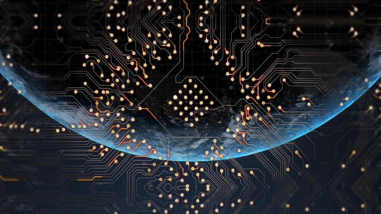 Animation af computerprintplade over en globus på sort baggrund