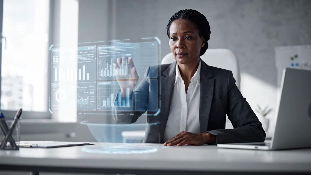 Una donna professionista concentrata interagisce con analisi digitali avanzate in un moderno ambiente d'ufficio, mettendo in mostra le sue competenze nell'utilizzo della tecnologia per l'analisi dei dati