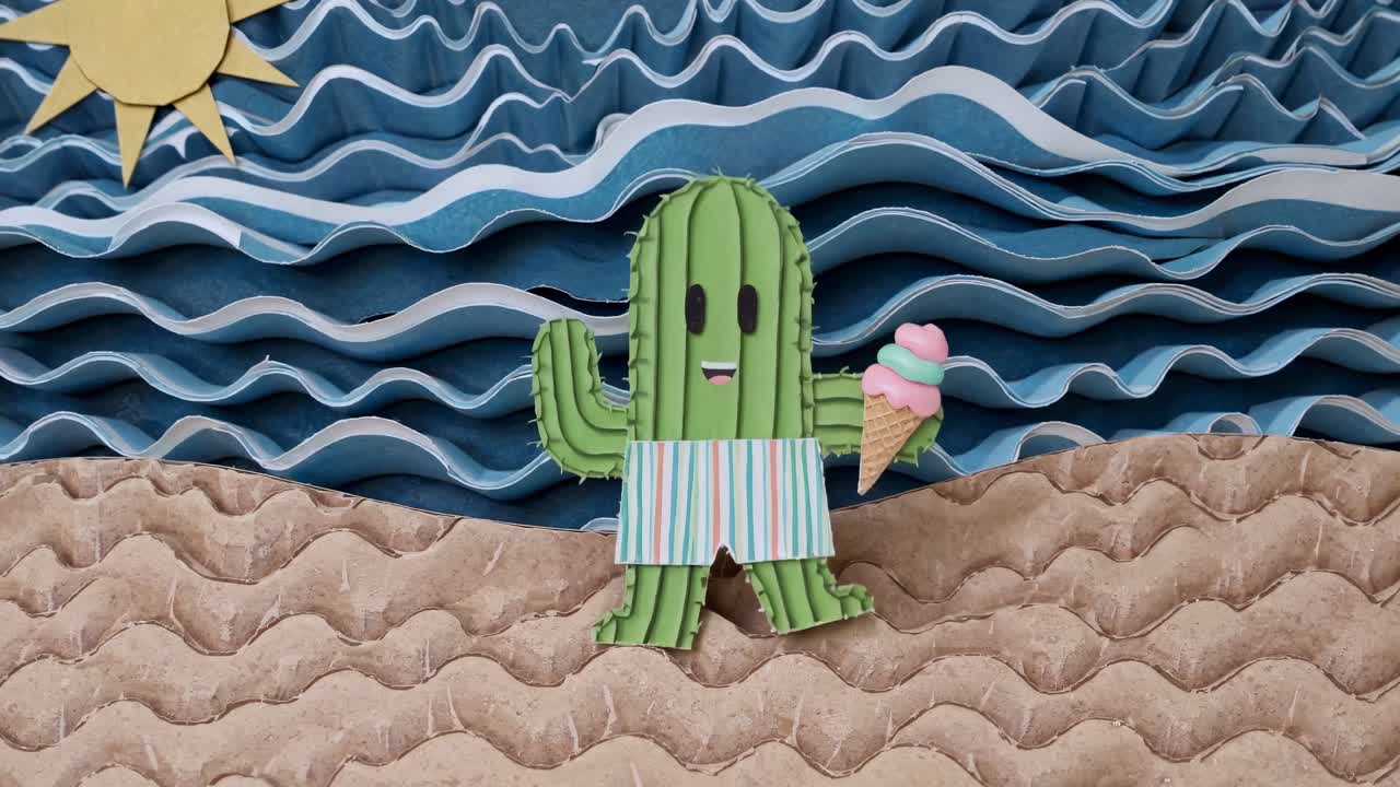 cactus de dibujos animados con pantalones cortos a rayas disfruta de un cono de helado refrescante en una playa soleada con olas estilizadas en el fondo, aislado en blanco