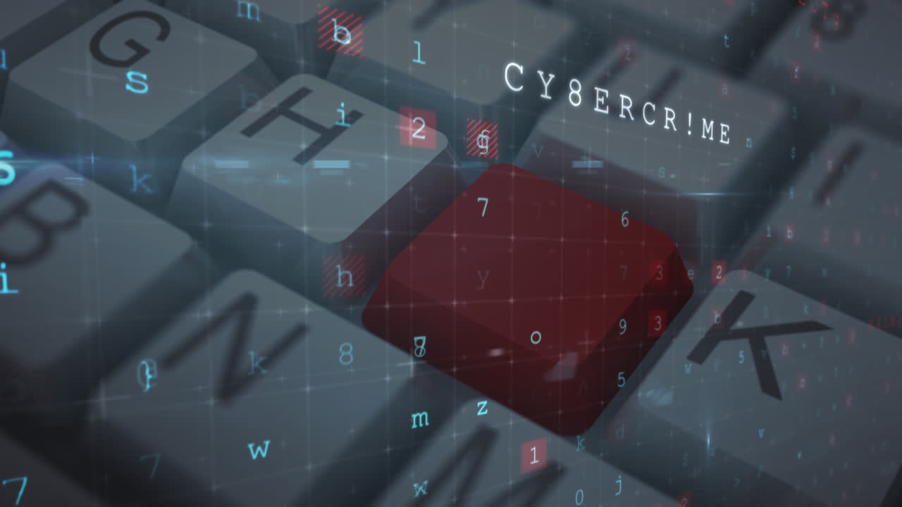 Animation of cyber attack warning text over computer keyboard with red key on grey background