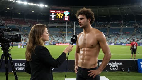 a post-game interview with a player in a sport event highlighting athleticism, broadcasting, and media interaction under stadium lights