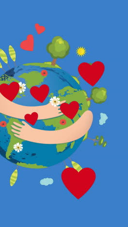 animation of hearts floating over hands holding globe on blue background