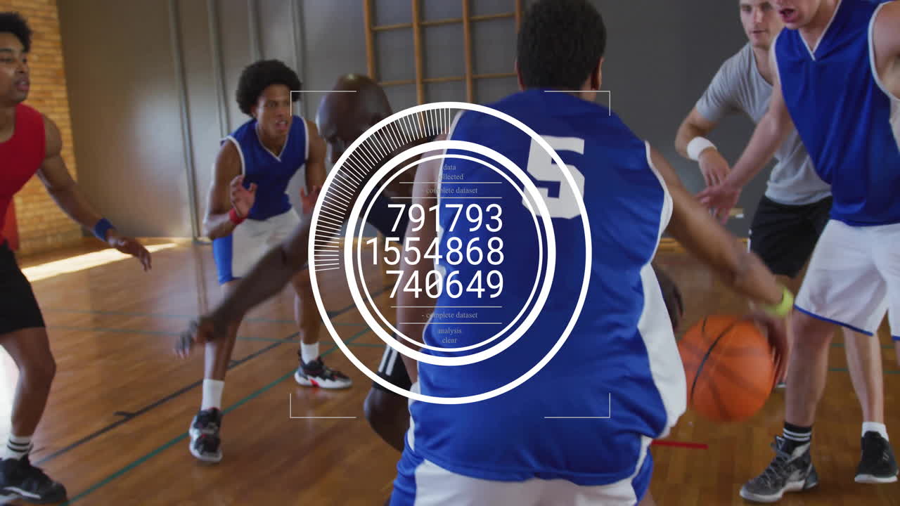 Players competing on basketball court with data overlay showing analytics in sports technology