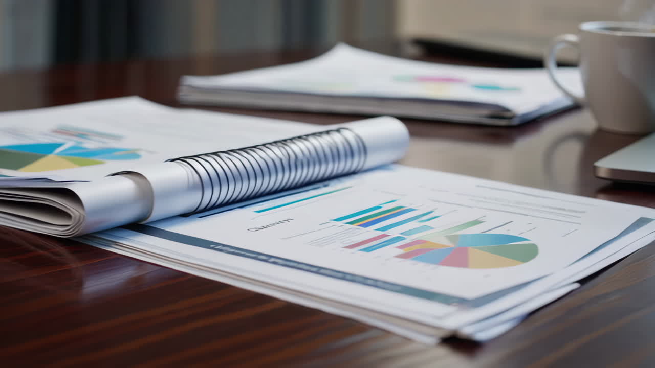 Office Workspace with Reports, Laptop, and Charts