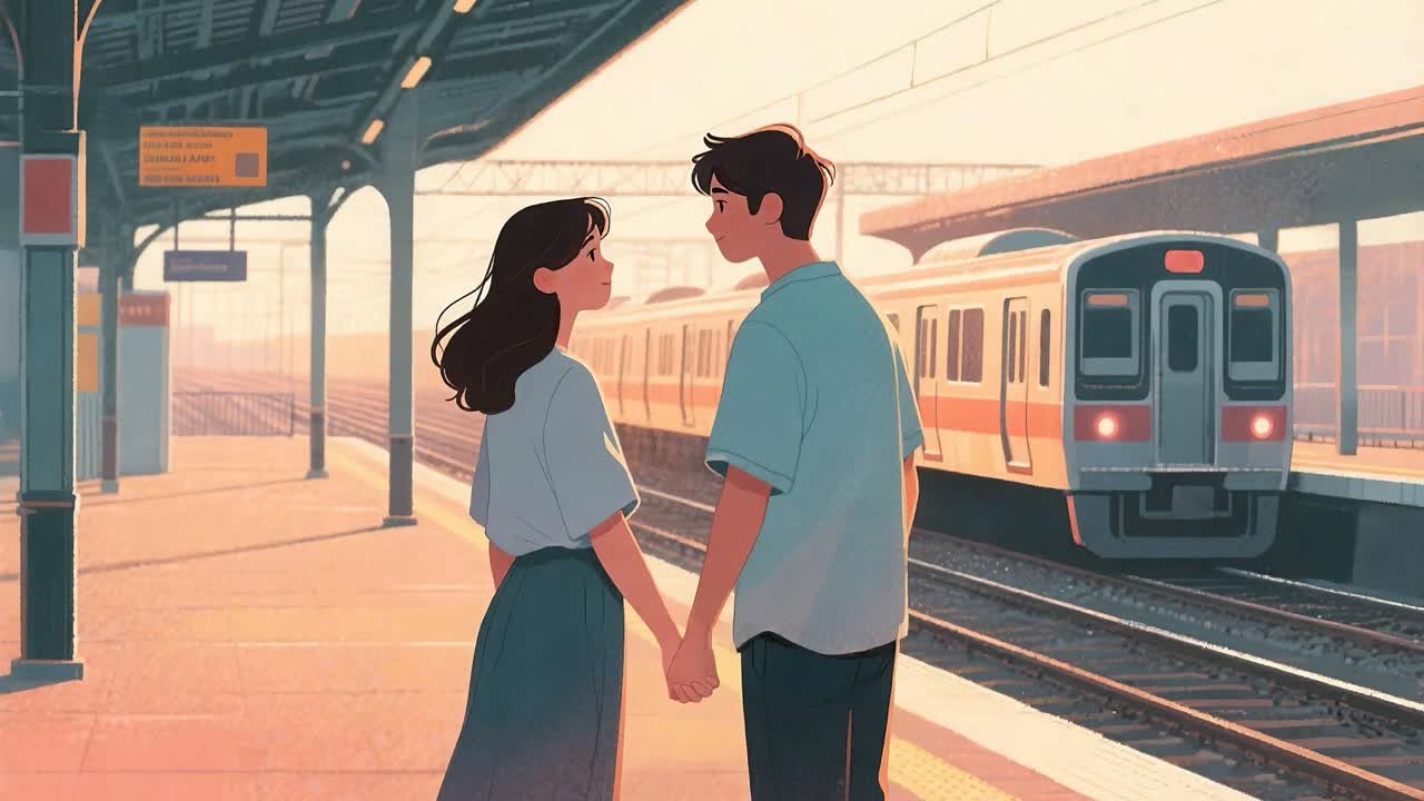 A couple holding hands on a train platform