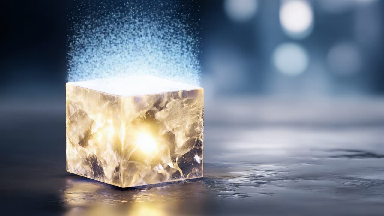 A Stunning Transformation of a Crystal Cube: From Ice to Radiant Gold in Ethereal Light, Capturing the Essence of Change and Beauty