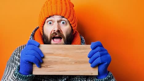 a man in a knitted hat and blue gloves holding a wooden sign