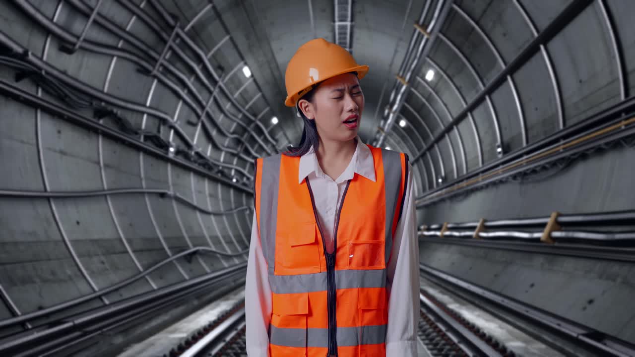 Concerned Construction Worker in a Tunnel
