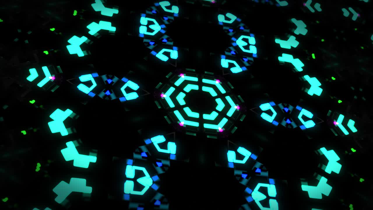 4k dark looped background with abstract symmetrical mechanism and neon light, DOF. Science fiction cyberpunk bg for show or events, exhibitions, festivals or concerts, VJ loop for night clubs