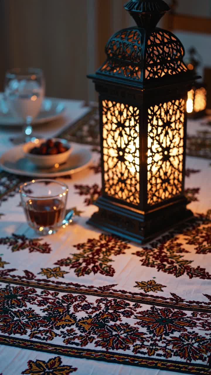 Illuminated lanterns creating a centerpiece on a beautifully set table for Ramadan iftar, featuring dates, water, and coffee, fostering a warm and inviting evening atmosphere for family gatherings