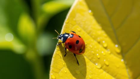 a close-up view of a vibrant ladybug on a bright green leaf, highlighting the intricate details of nature's colorful inhabitants and their environment
