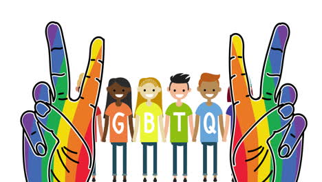 Rainbow colored hand peace signs over diverse humans with lgbtq text on their t-shirts holding hands