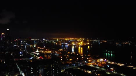 nighttime city skyline with twinkling lights and dark waters reflecting urban glow, high angle