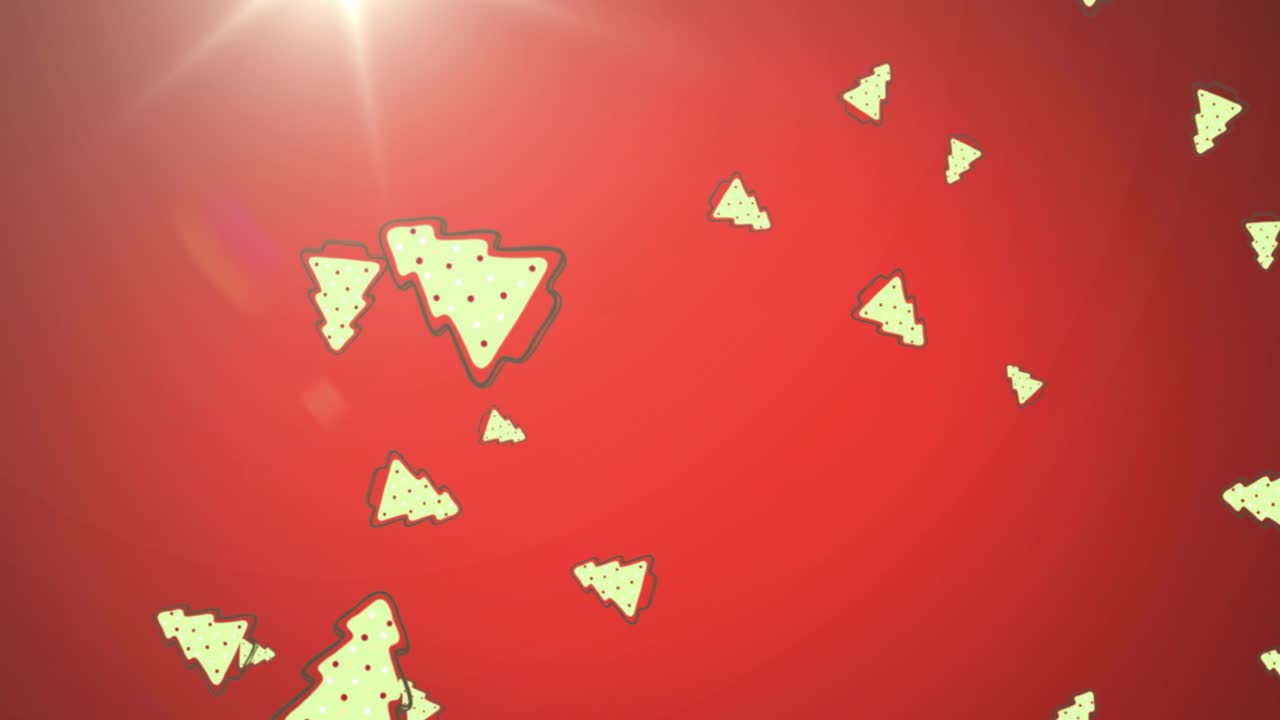 animación de varios árboles de navidad que caen con luz brillante sobre un fondo rojo