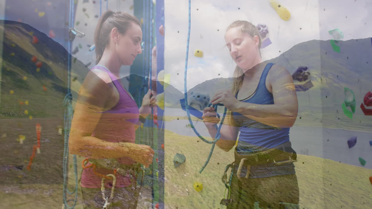 animación del paisaje sobre mujeres caucásicas escalando la pared