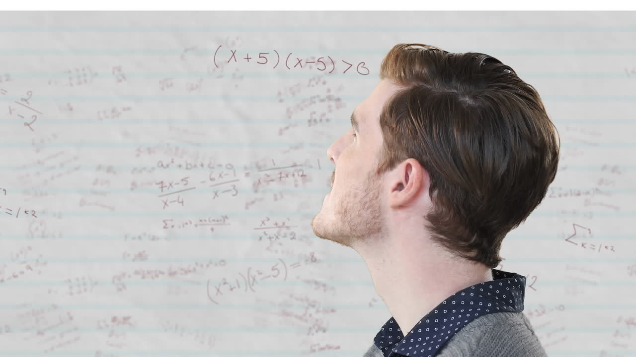 Animation of caucasian male teacher over mathematical equations