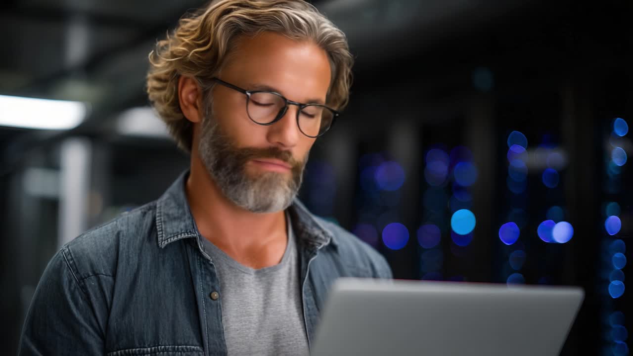 Focused professional man engaged with laptop in modern tech environment, surrounded by glowing data servers, reflecting on important decisions related to his work