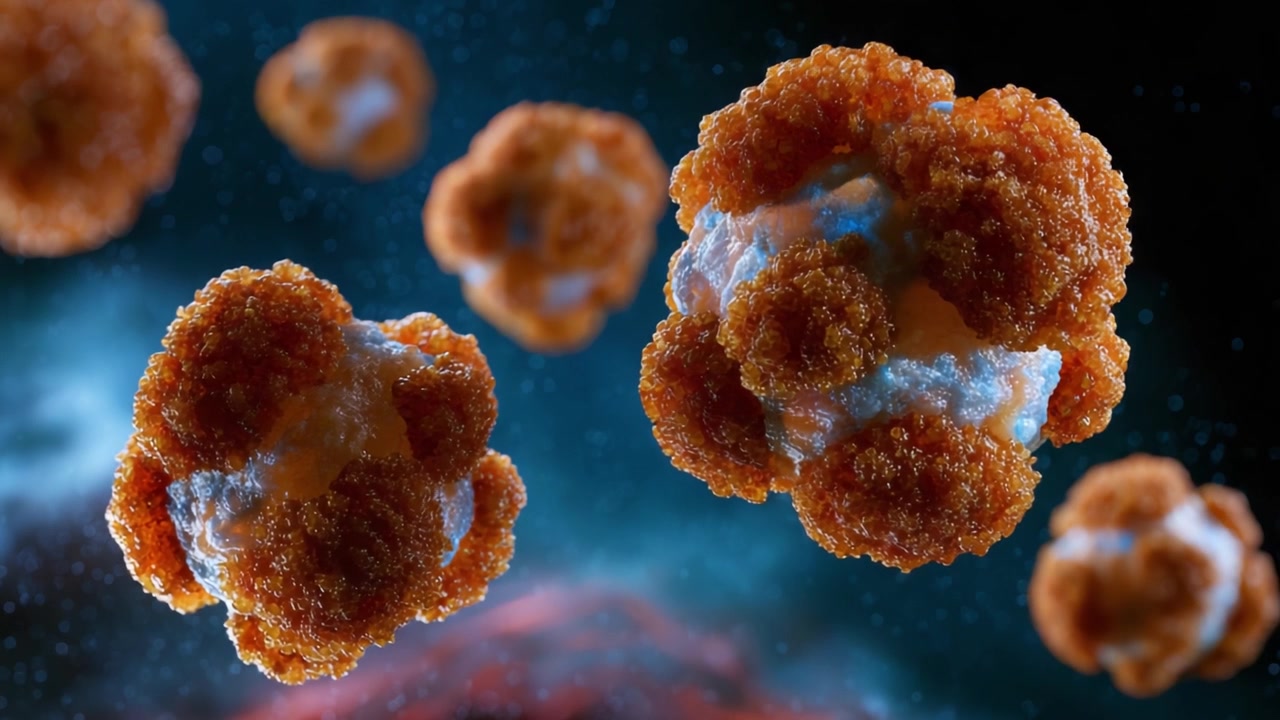 Una vista ravvicinata mozzafiato di strutture cellulari che illustra la complessità e l'intricato degli organismi biologici in un vivido ambiente cosmico.