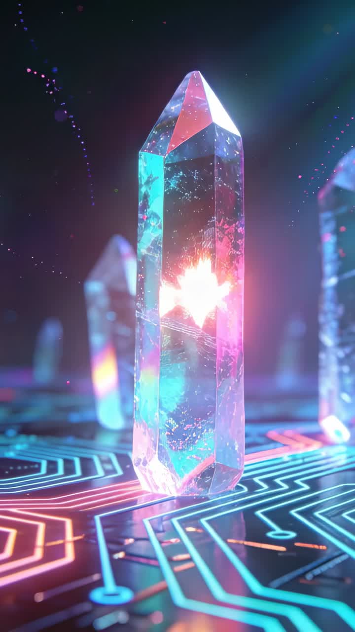 Vertical video: Reacting to motes arising, tall hex prism crystal flaring sparks on neon circuit