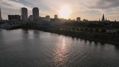 aerial pan view of the french quarter from the mississippi river view