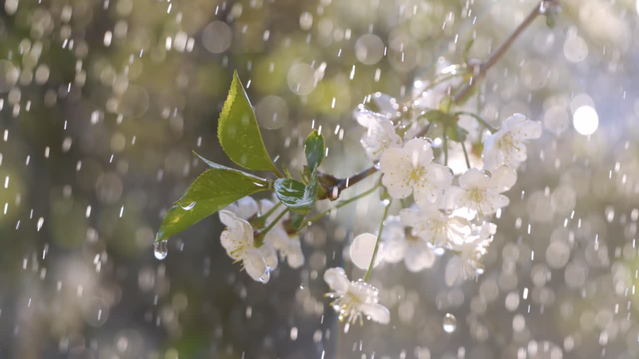 체리 꽃 기간: 봄 방울이 체리 꽃에 떨어지는 슈퍼 슬로 모션 카메라 1000fps.
