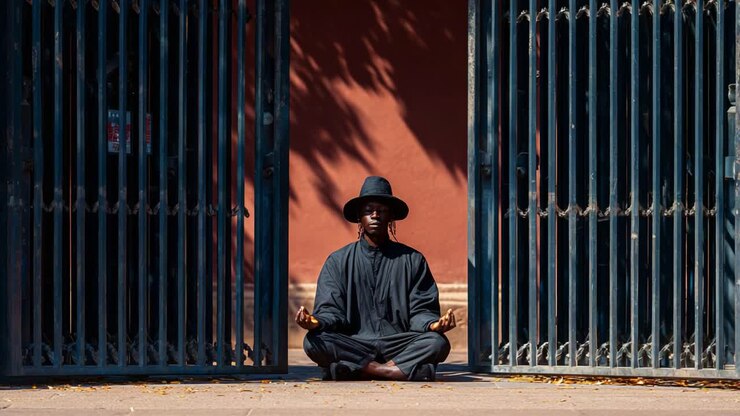 Una persona seduta in posizione meditativa tra due cancelli aperti, che incarna tranquillità ed equilibrio, circondata dalla natura in un ambiente sereno e pacifico