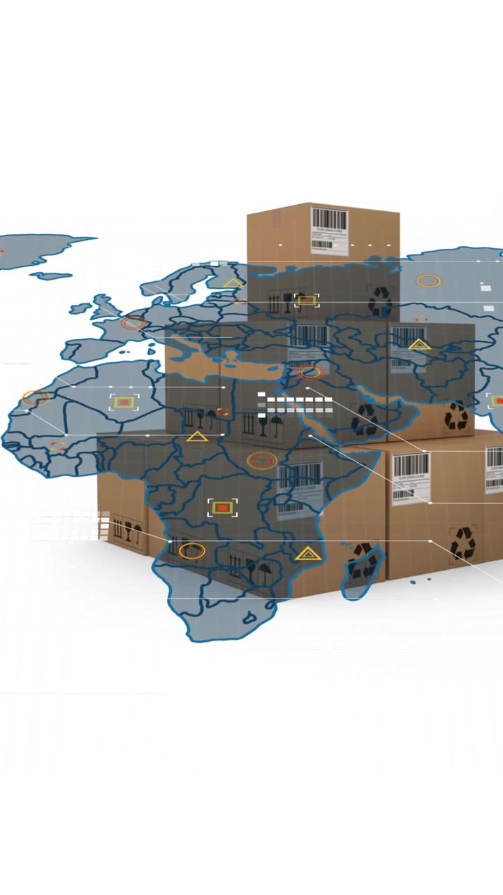 Animation of world map over boxes on white background
