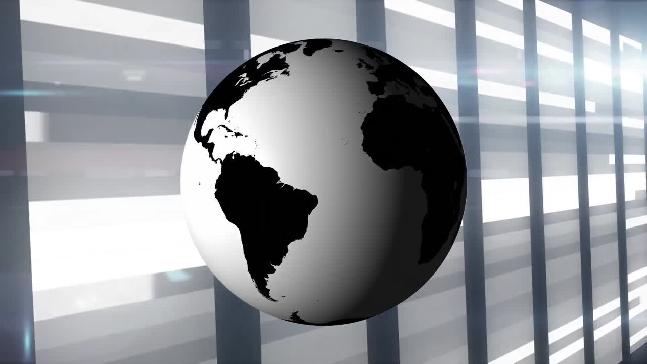 animación de un globo giratorio y rastros de luz contra la sala del servidor de computadora