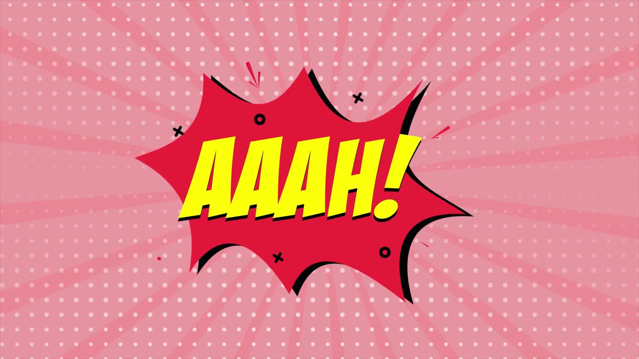 una animación de dibujos animados de tira cómica, con la palabra aaah apareciendo. fondo rojo y de medio tono, efecto de forma de estrella
