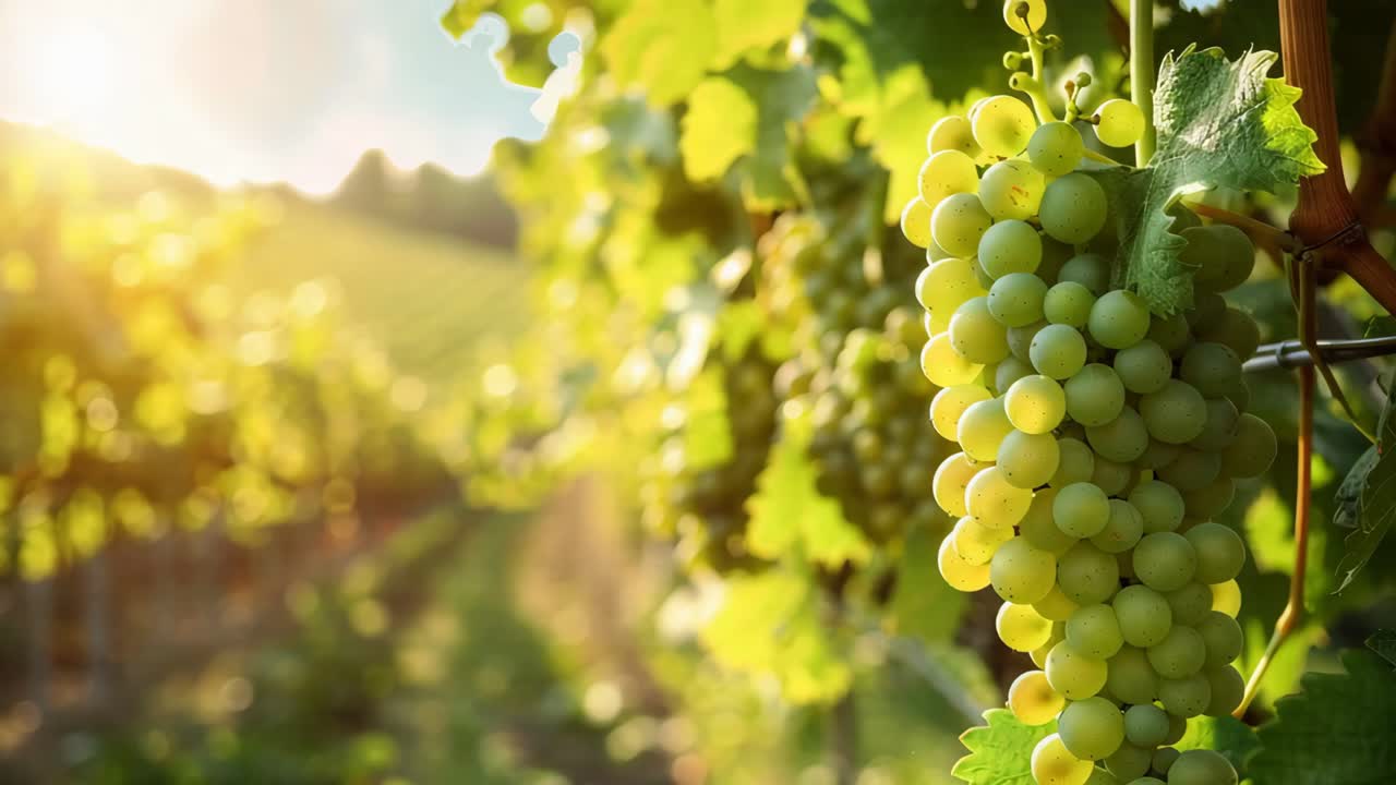 Green Grapes Cluster on Vine at Sunset